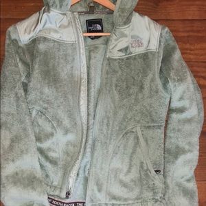 Green north face fuzzy jacket